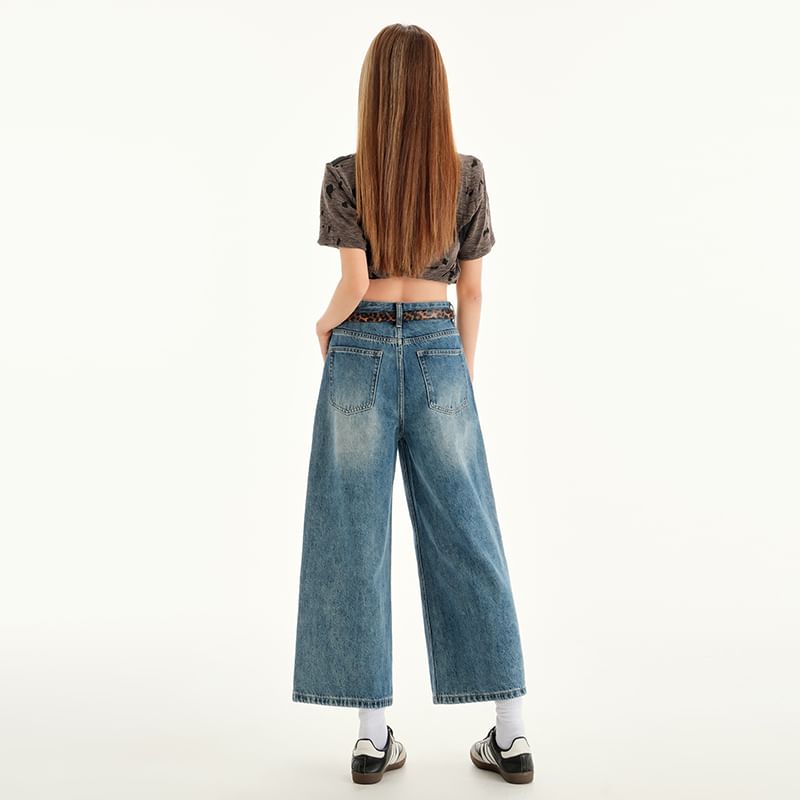 Leg Wide Cropped Washed Rise Mid Jeans