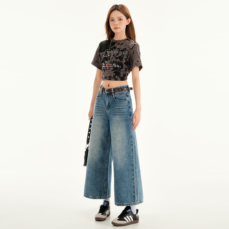 Leg Wide Cropped Washed Rise Mid Jeans