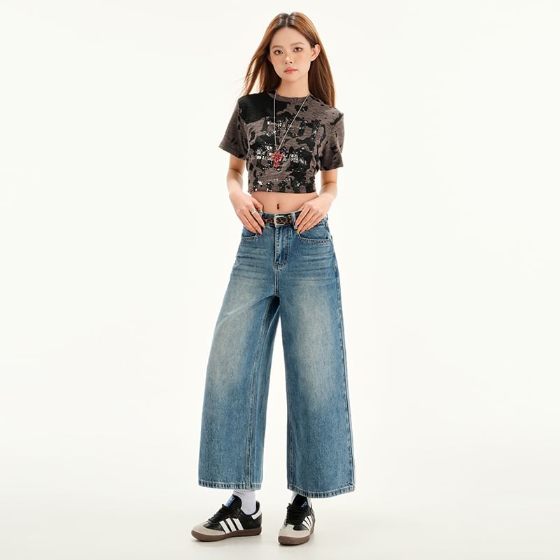 Leg Wide Cropped Washed Rise Mid Jeans