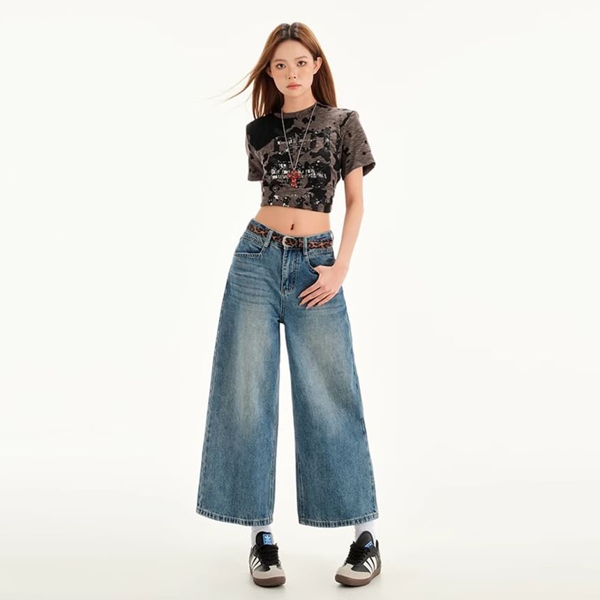 Leg Wide Cropped Washed Rise Mid Jeans
