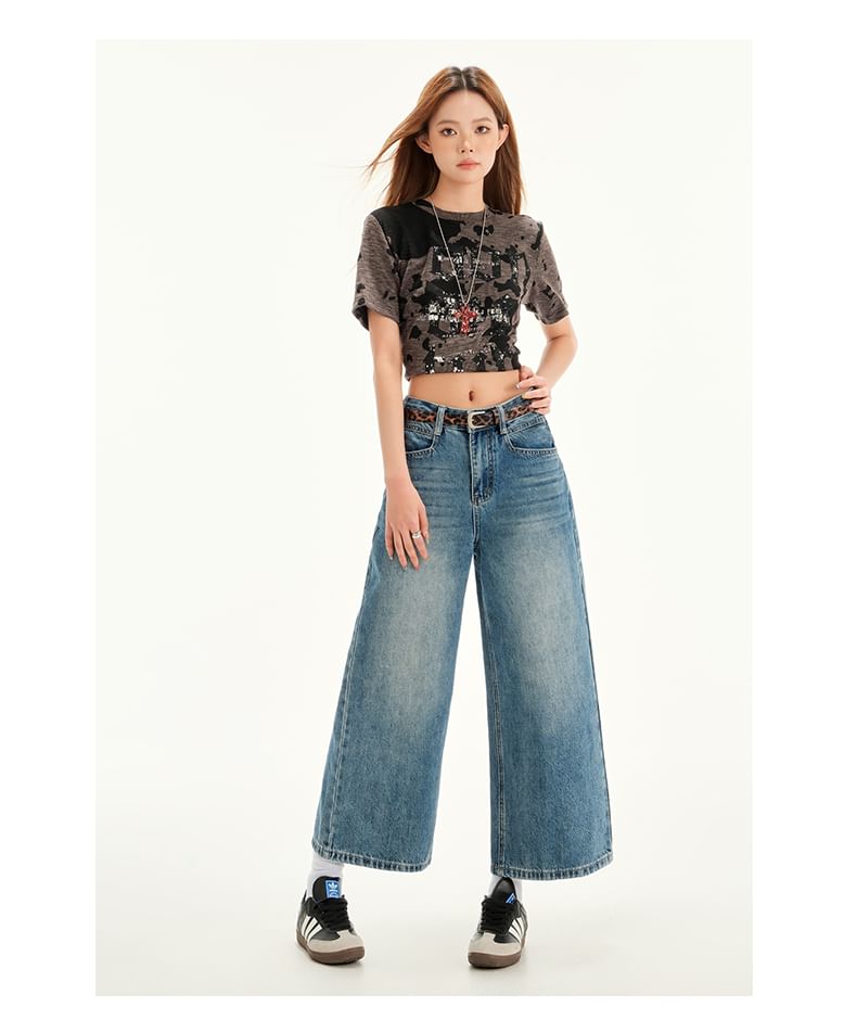 Leg Wide Cropped Washed Rise Mid Jeans