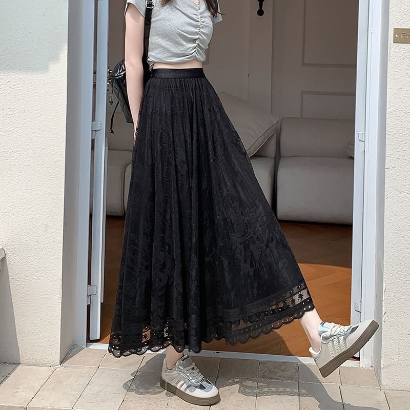 Lace Skirt High Waist A-Line Midi