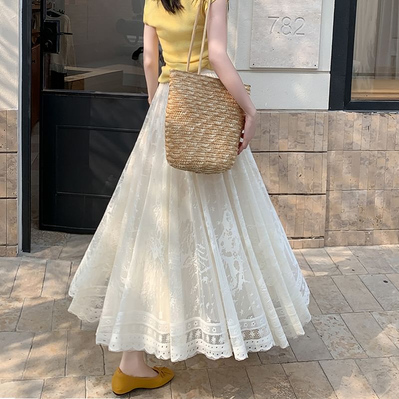 Lace Skirt High Waist A-Line Midi
