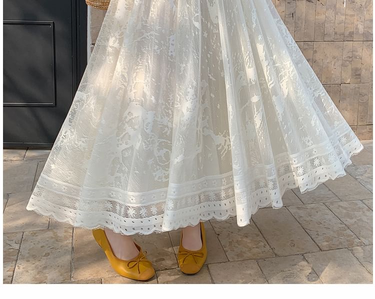 Lace Skirt High Waist A-Line Midi