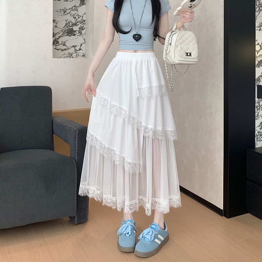 Midi High Waist Panel Lace Asymmetrical A-Line Mesh Skirt Trim