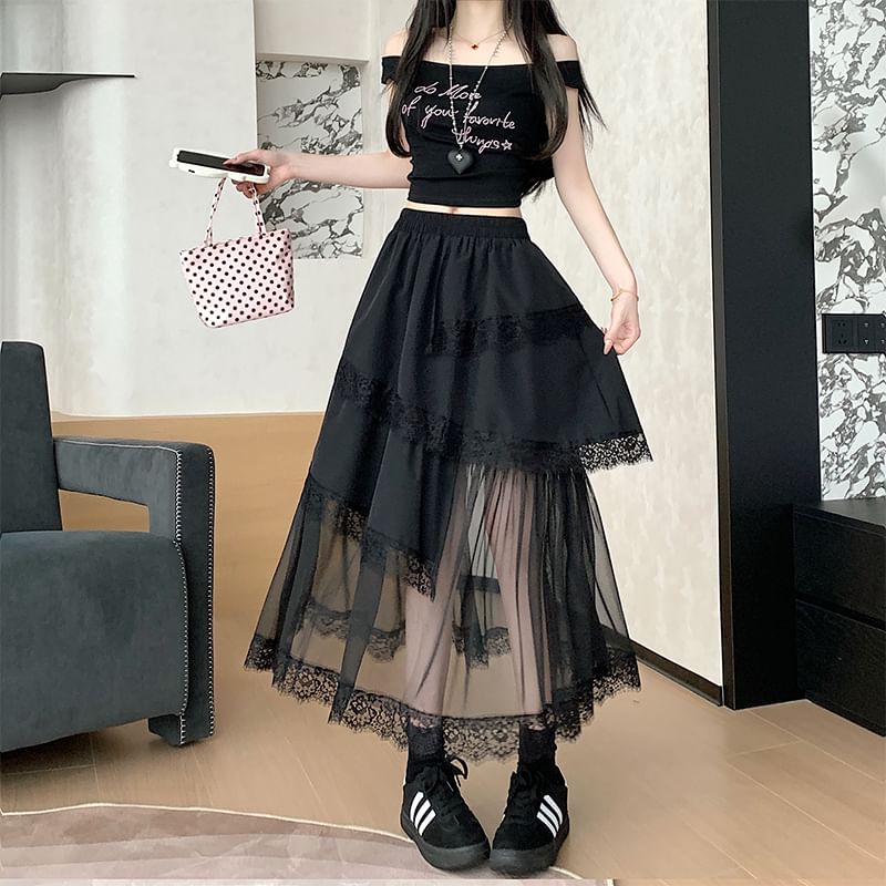 Midi High Waist Panel Lace Asymmetrical A-Line Mesh Skirt Trim