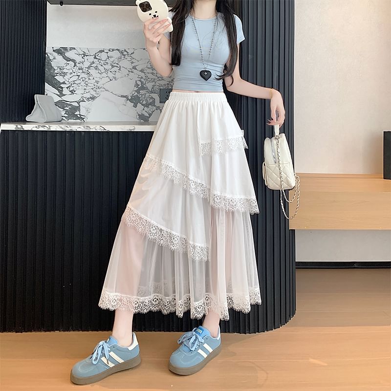Midi High Waist Panel Lace Asymmetrical A-Line Mesh Skirt Trim