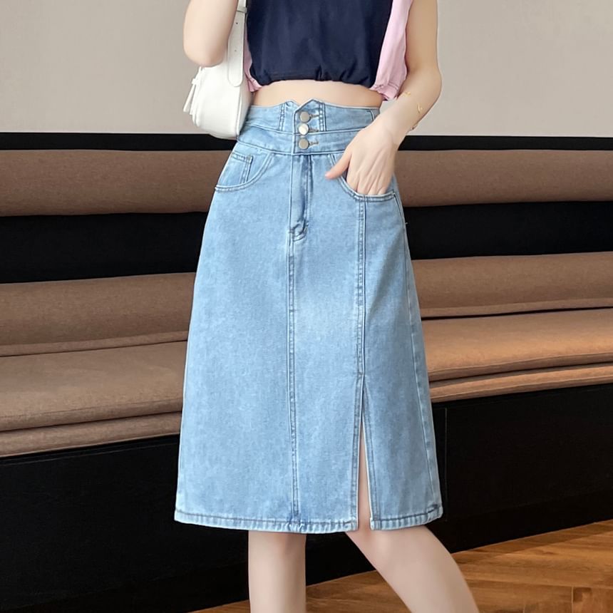 Slit Denim A-Line High Washed Rise Skirt