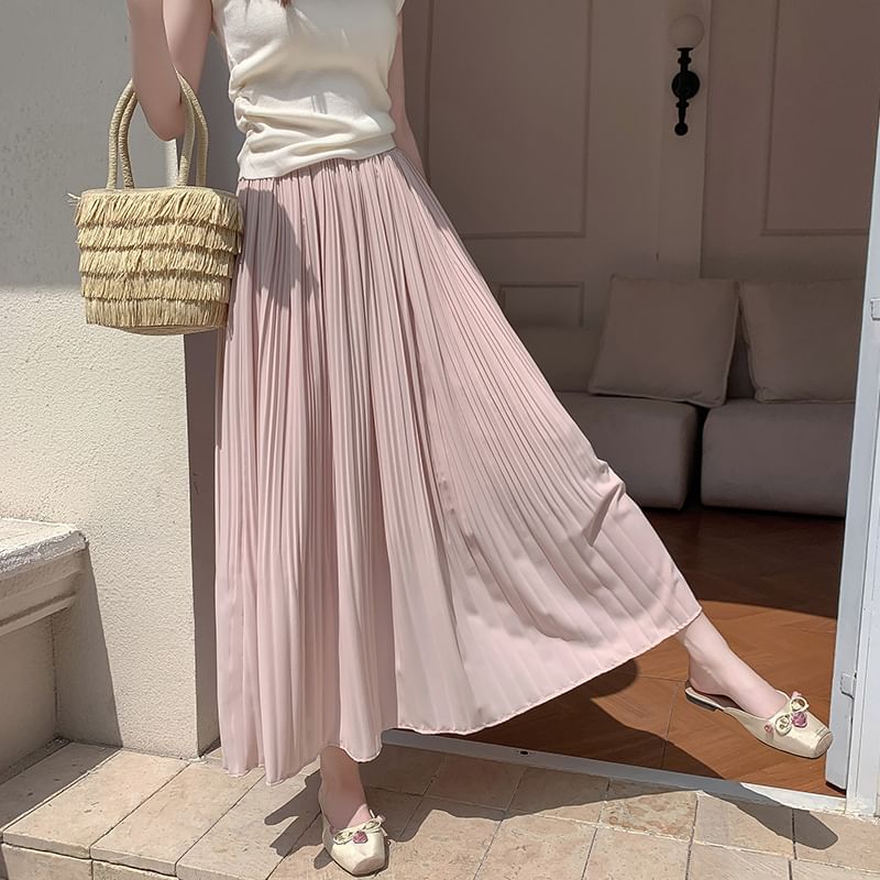 A-Line Skirt Rise Pleated Midi Plain High