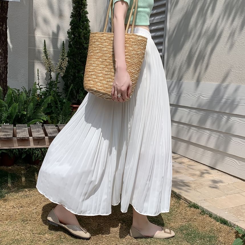 A-Line Skirt Rise Pleated Midi Plain High