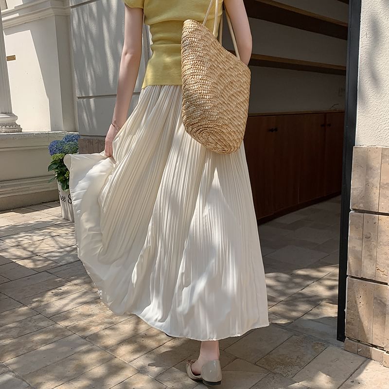 A-Line Skirt Rise Pleated Midi Plain High