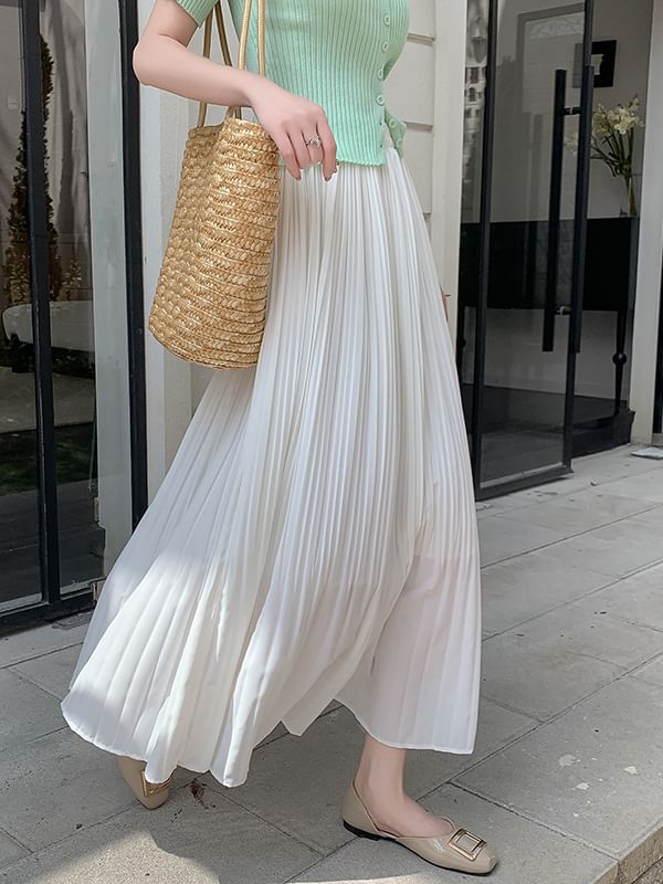 A-Line Skirt Rise Pleated Midi Plain High