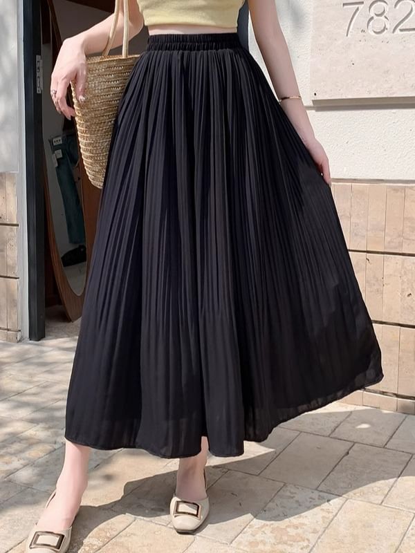 A-Line Skirt Rise Pleated Midi Plain High