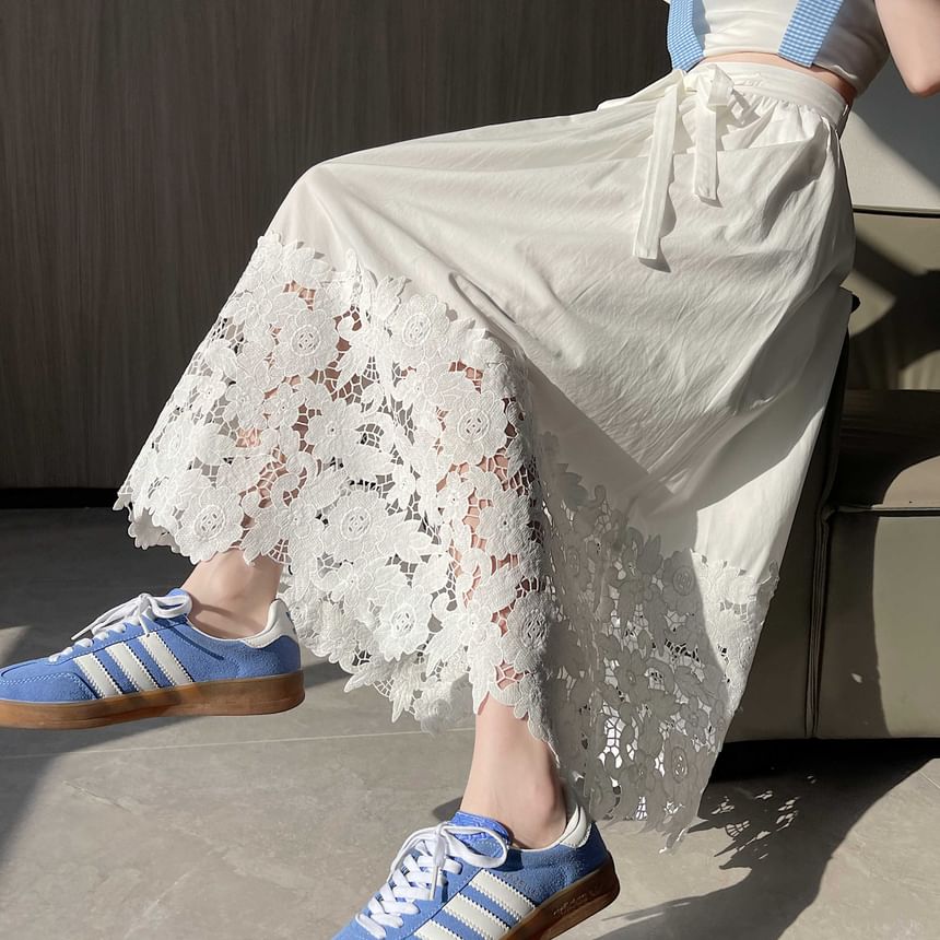 A-Line Panel Waist Lace Plain Midi High Skirt
