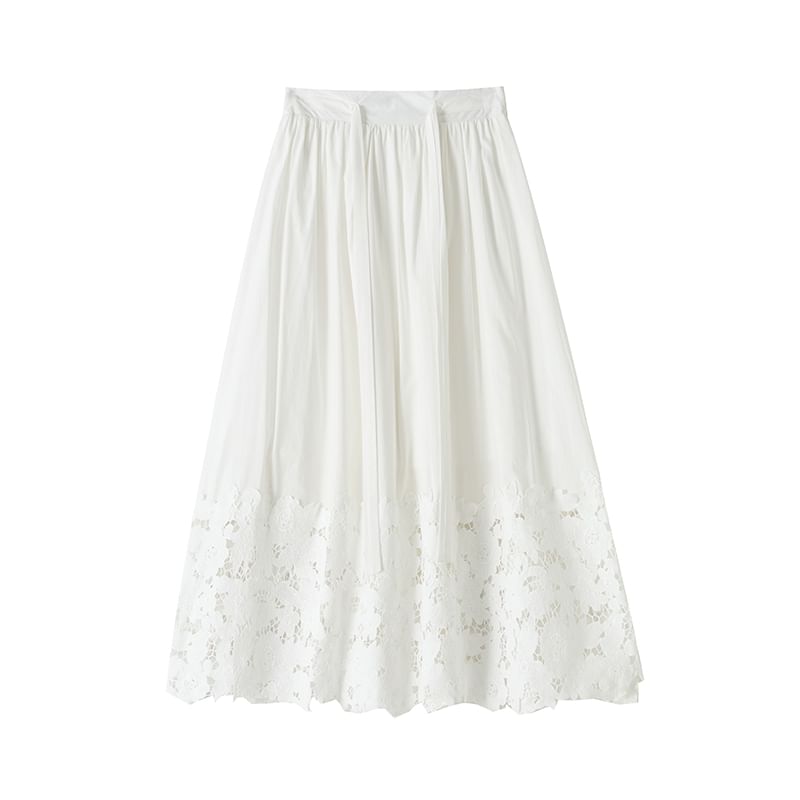 A-Line Panel Waist Lace Plain Midi High Skirt