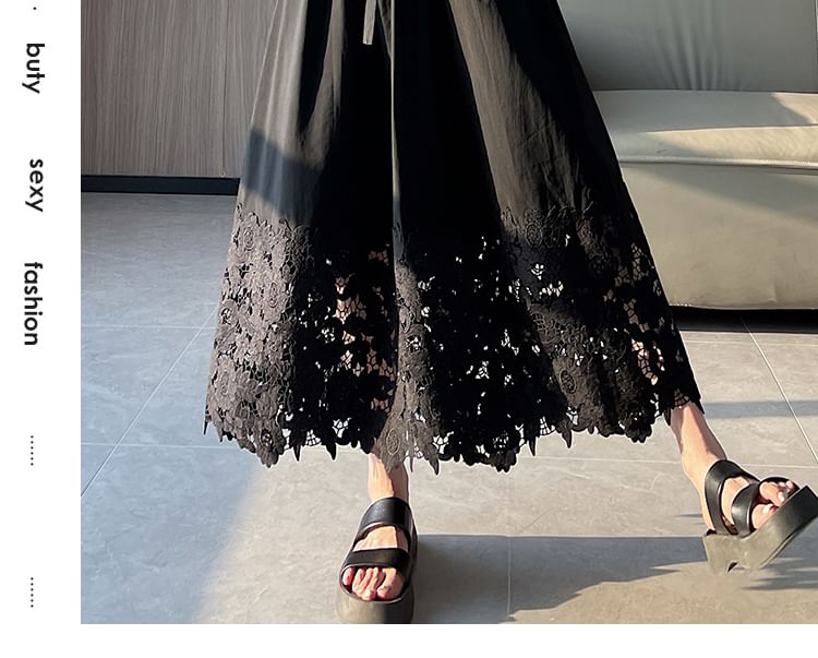 A-Line Panel Waist Lace Plain Midi High Skirt