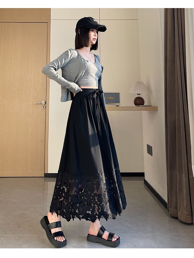 A-Line Panel Waist Lace Plain Midi High Skirt