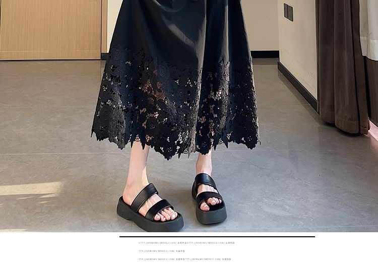 A-Line Panel Waist Lace Plain Midi High Skirt