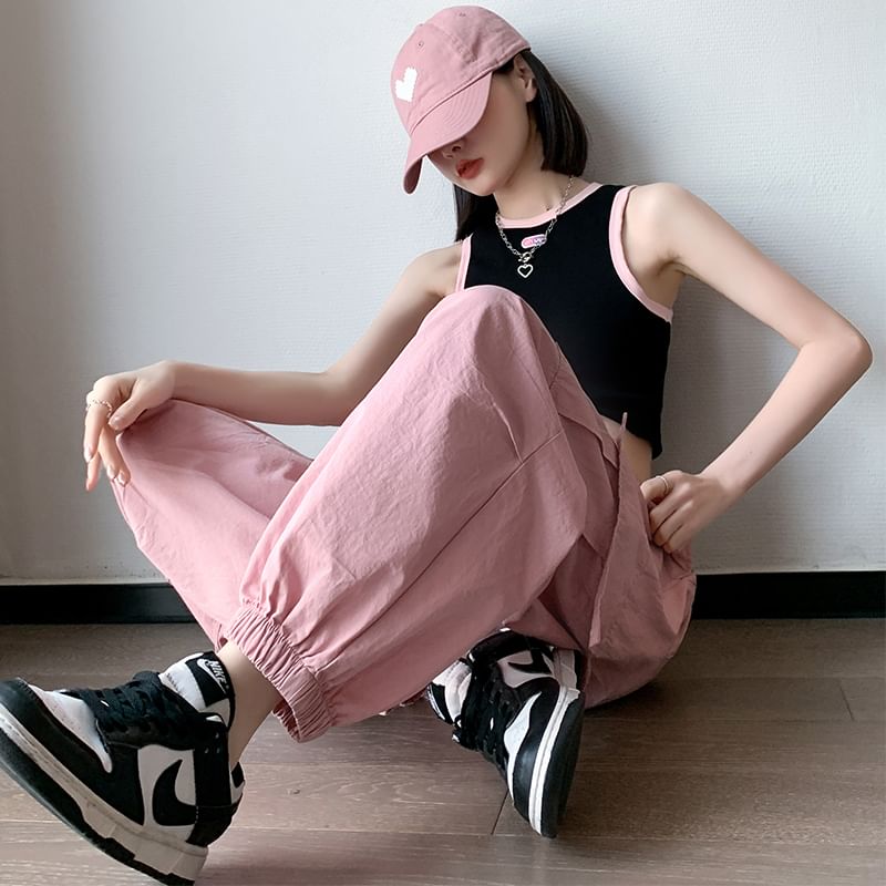 Waist Plain Pants Drawstring Cargo Harem Cropped