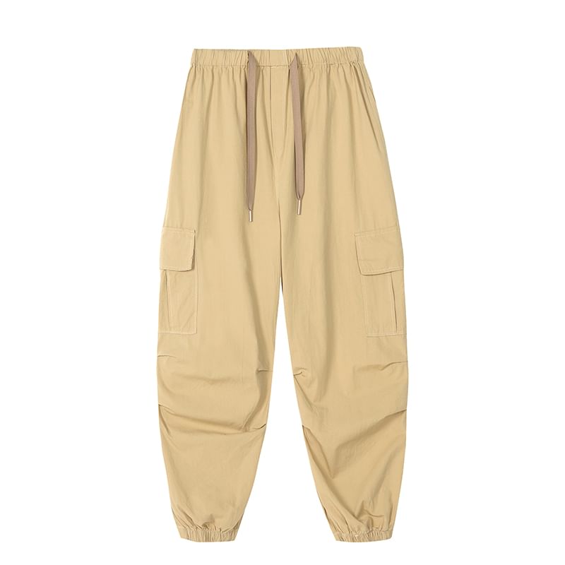 Waist Plain Pants Drawstring Cargo Harem Cropped