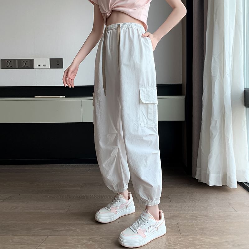 Waist Plain Pants Drawstring Cargo Harem Cropped
