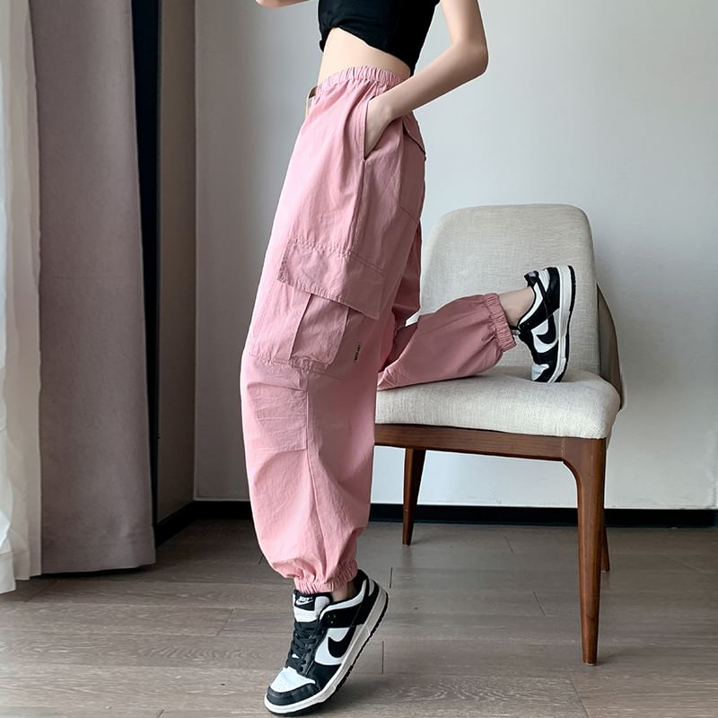 Waist Plain Pants Drawstring Cargo Harem Cropped