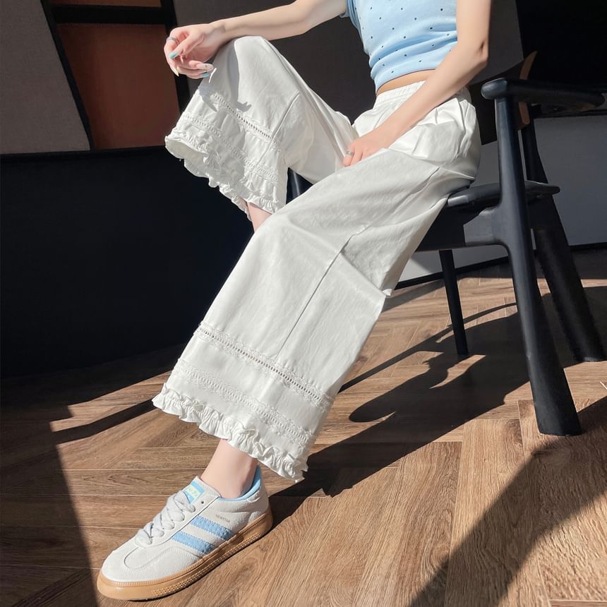 Lace Pants Panel Wide High Cropped Plain Frill Trim Leg Rise