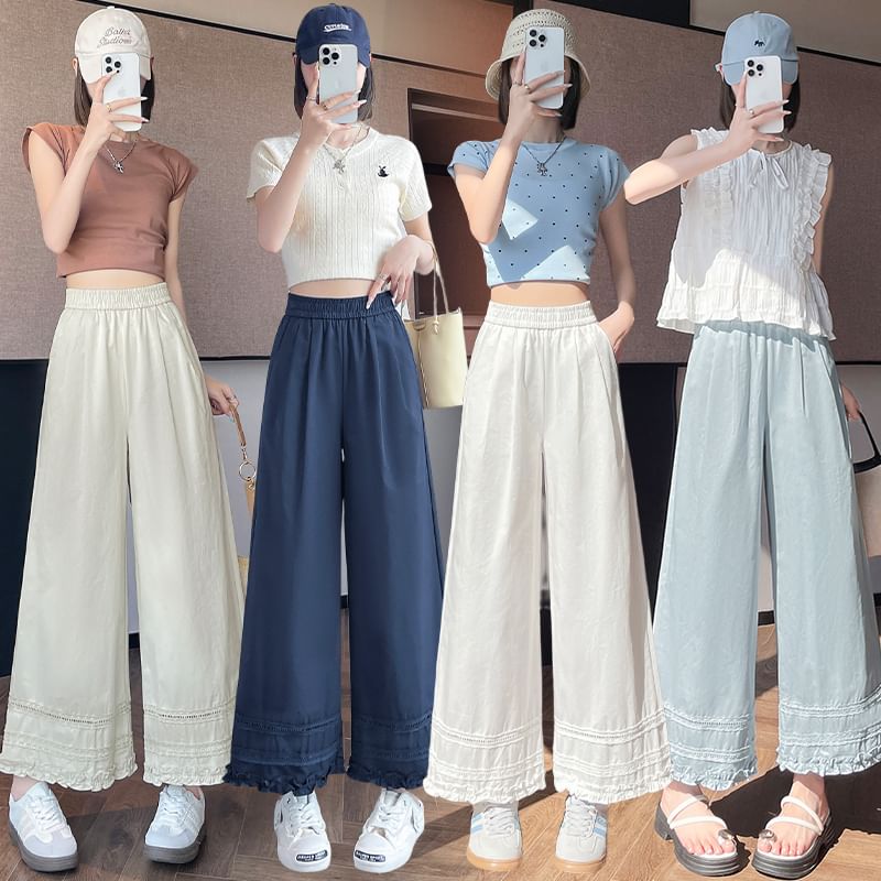 Lace Pants Panel Wide High Cropped Plain Frill Trim Leg Rise