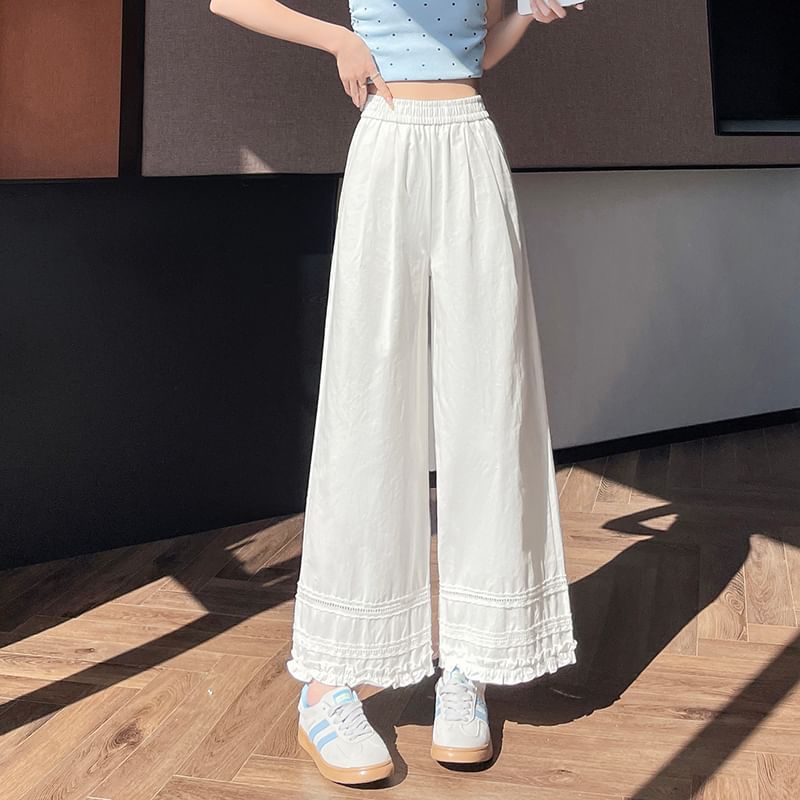 Lace Pants Panel Wide High Cropped Plain Frill Trim Leg Rise
