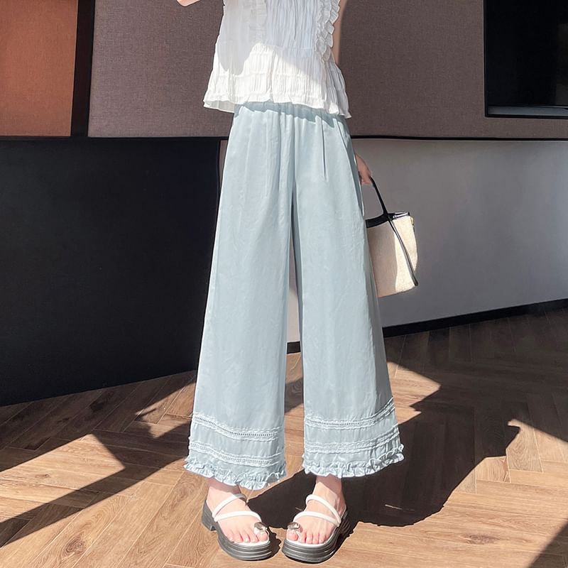 Lace Pants Panel Wide High Cropped Plain Frill Trim Leg Rise