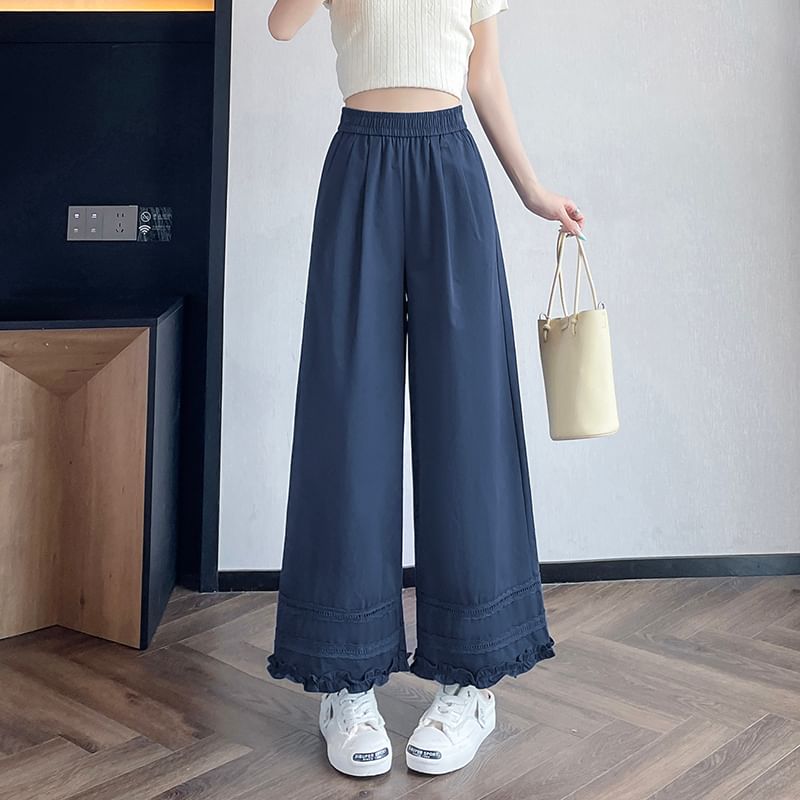 Lace Pants Panel Wide High Cropped Plain Frill Trim Leg Rise