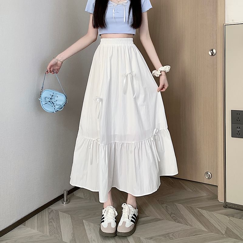 Accent High Bow Midi A-Line Skirt Plain Rise