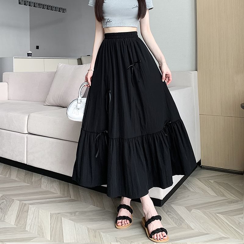 Accent High Bow Midi A-Line Skirt Plain Rise