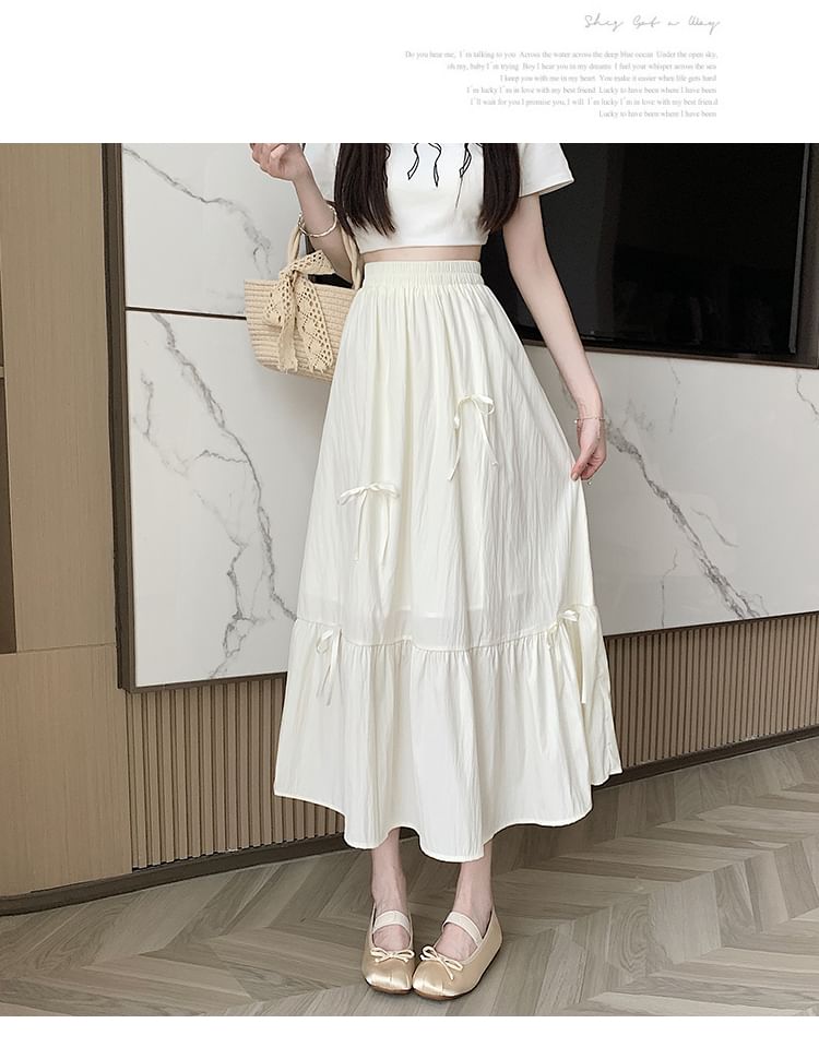Accent High Bow Midi A-Line Skirt Plain Rise