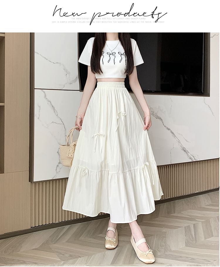 Accent High Bow Midi A-Line Skirt Plain Rise