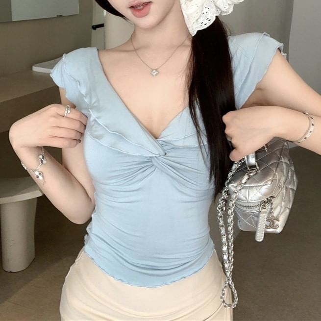 V-Neck T-Shirt Knot Cap-Sleeve Plain