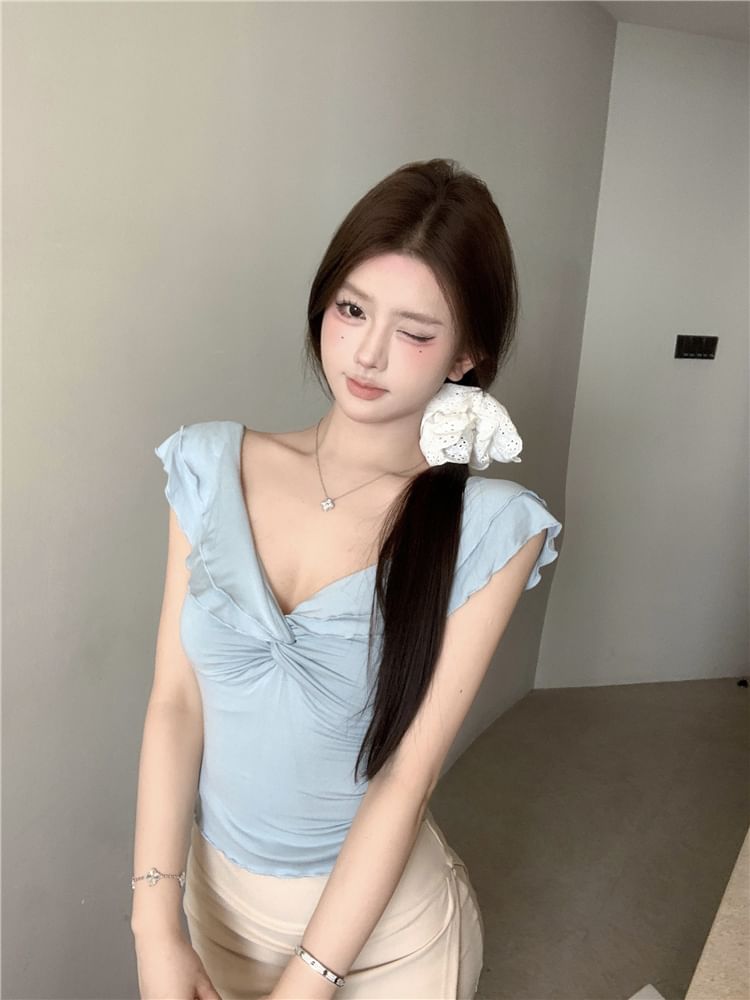 V-Neck T-Shirt Knot Cap-Sleeve Plain