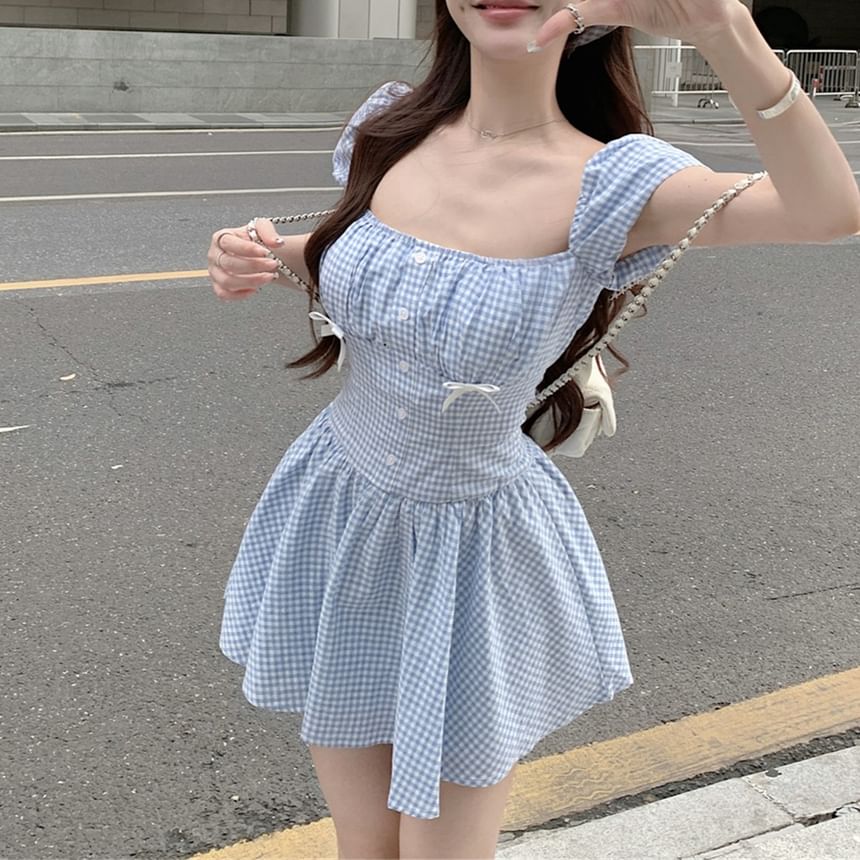 / Puff-Sleeve Mini A-Line Bow Dress Gingham Kerchief