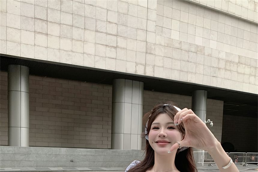 / Puff-Sleeve Mini A-Line Bow Dress Gingham Kerchief