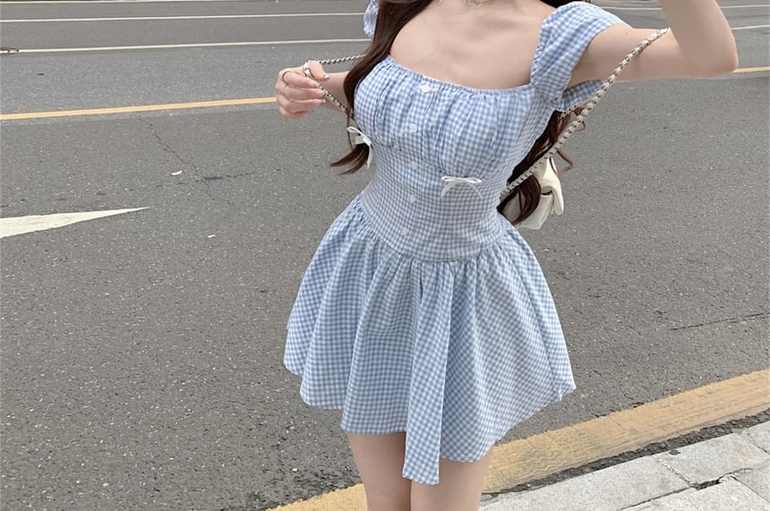 / Puff-Sleeve Mini A-Line Bow Dress Gingham Kerchief