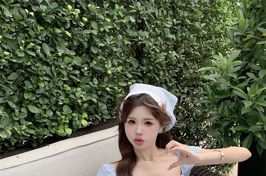/ Puff-Sleeve Mini A-Line Bow Dress Gingham Kerchief