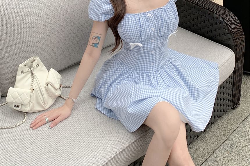 / Puff-Sleeve Mini A-Line Bow Dress Gingham Kerchief