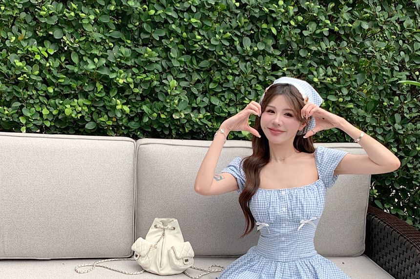 / Puff-Sleeve Mini A-Line Bow Dress Gingham Kerchief