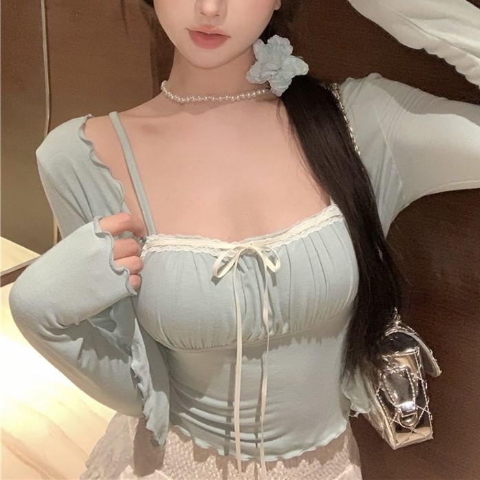 Top Lettuce Plain Light Bow Lace Jacket Edge / Trim Camisole