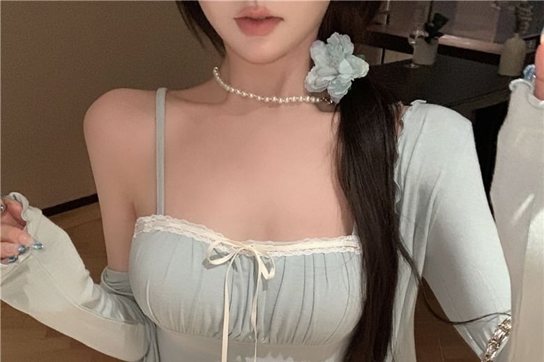 Top Lettuce Plain Light Bow Lace Jacket Edge / Trim Camisole