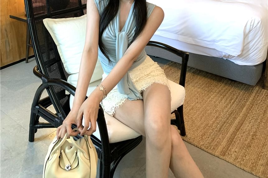 Mini Tie-Neck Pencil / Top Skirt Plain Lace Rise High Tank