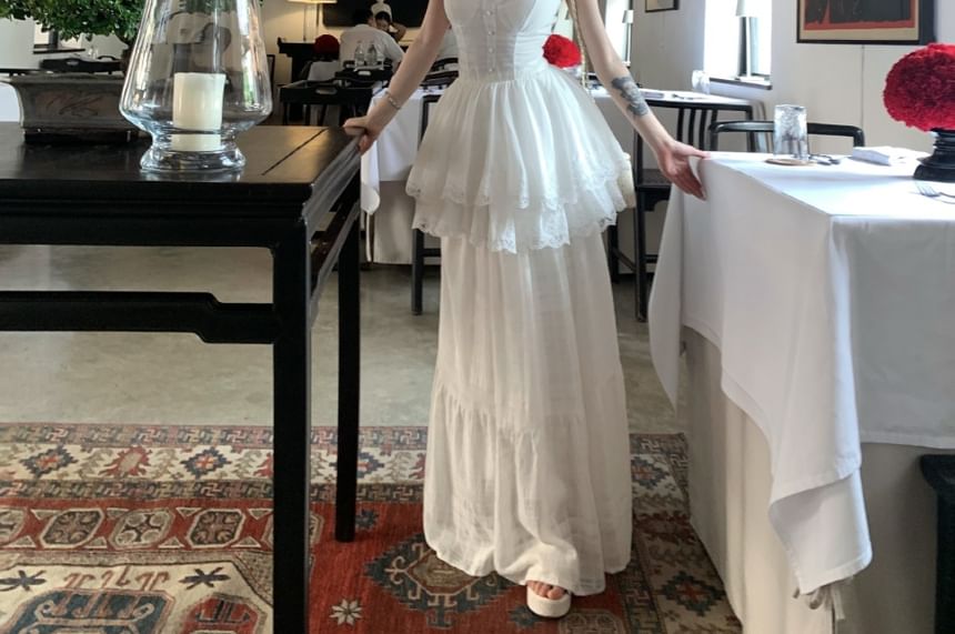 Peplum Top Skirt Maxi Camisole / Trim A-Line Waist Plain High Lace