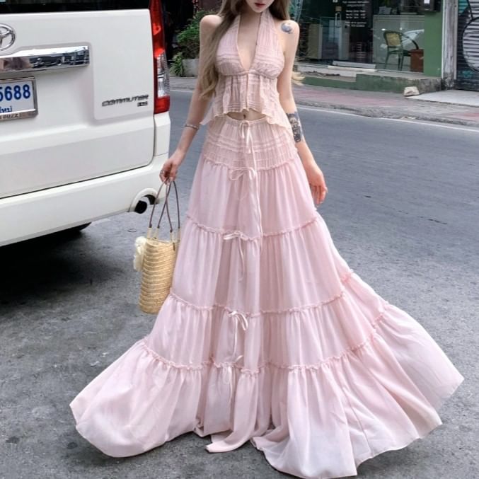 Low Skirt Maxi A-Line Cropped Plain Top Rise Halter V-Neck Set: Asymmetrical +