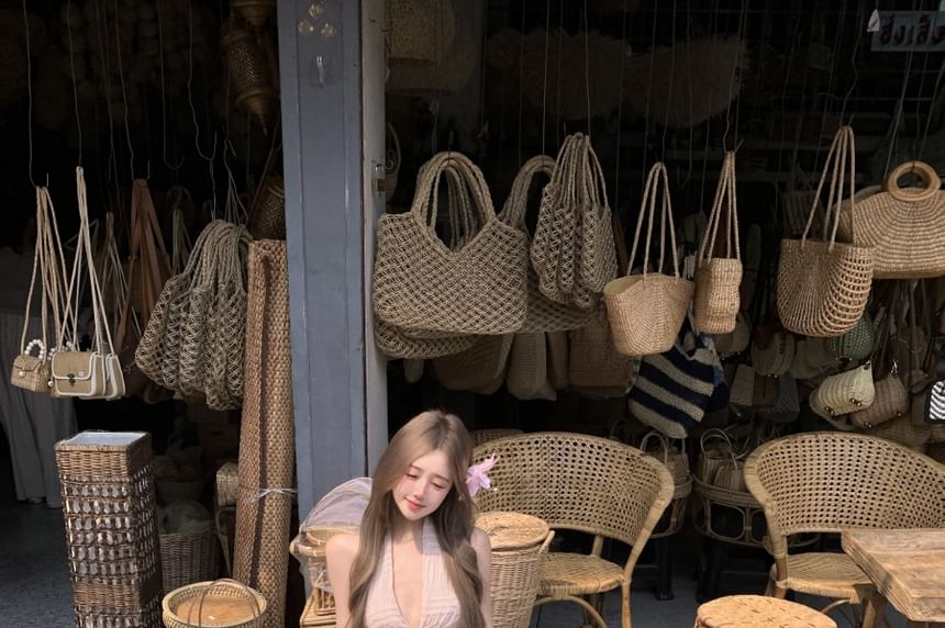 Low Skirt Maxi A-Line Cropped Plain Top Rise Halter V-Neck Set: Asymmetrical +