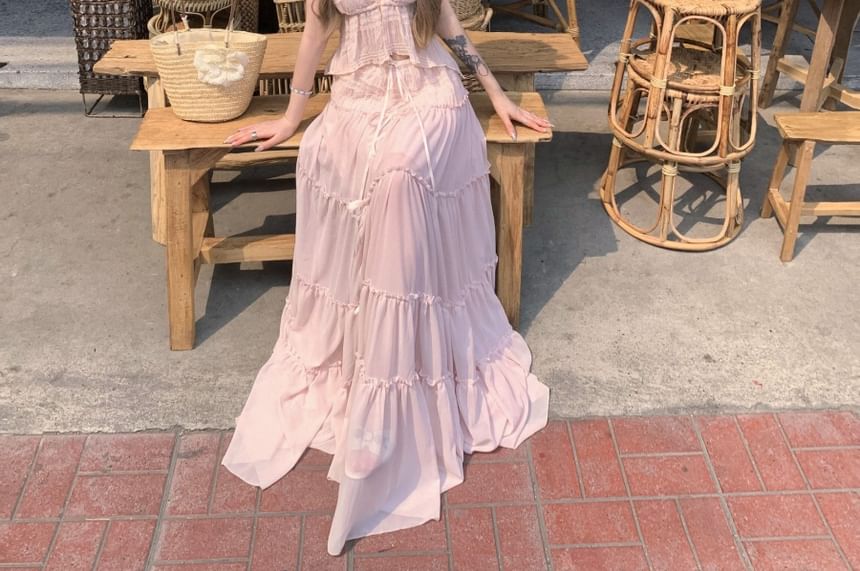 Low Skirt Maxi A-Line Cropped Plain Top Rise Halter V-Neck Set: Asymmetrical +